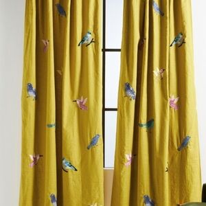 Bird Embroidered Yellow Linen Curtains